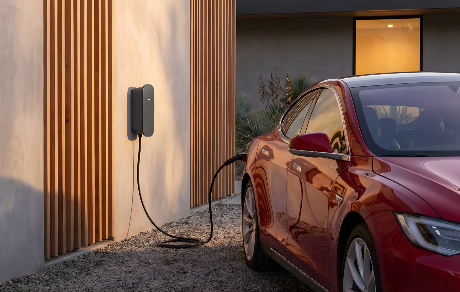 An electric vehicle plugged into a home wall charger at dusk
