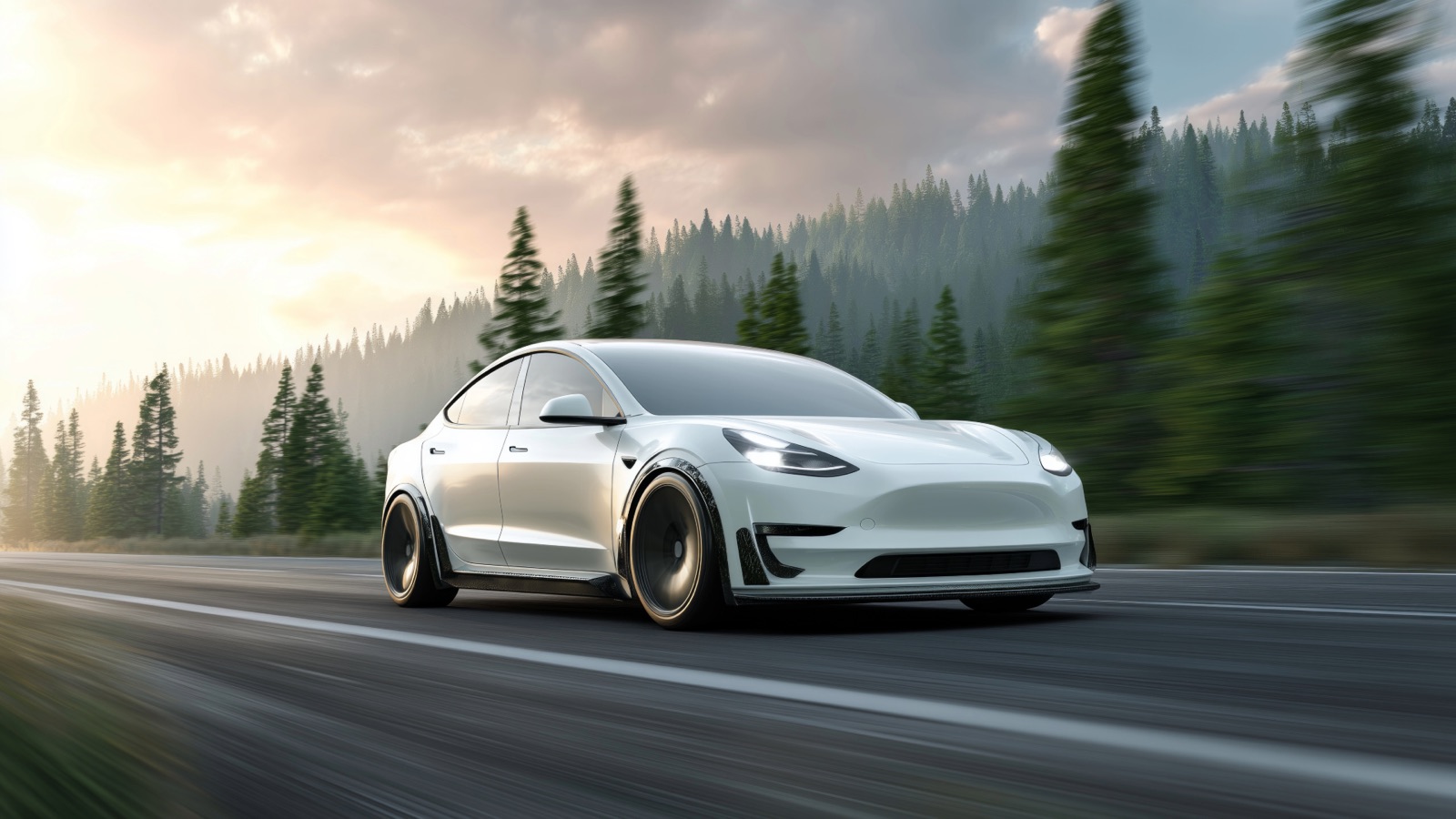 A white Tesla on a forested Pacific Northwest highway