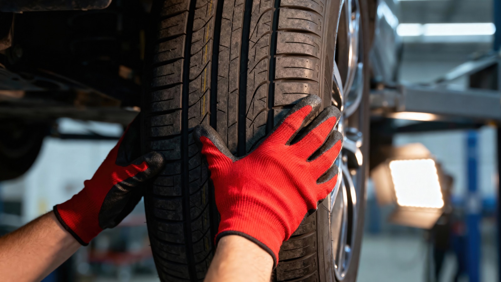 A technician in work gloves rotating a tire on a lifted vehicle